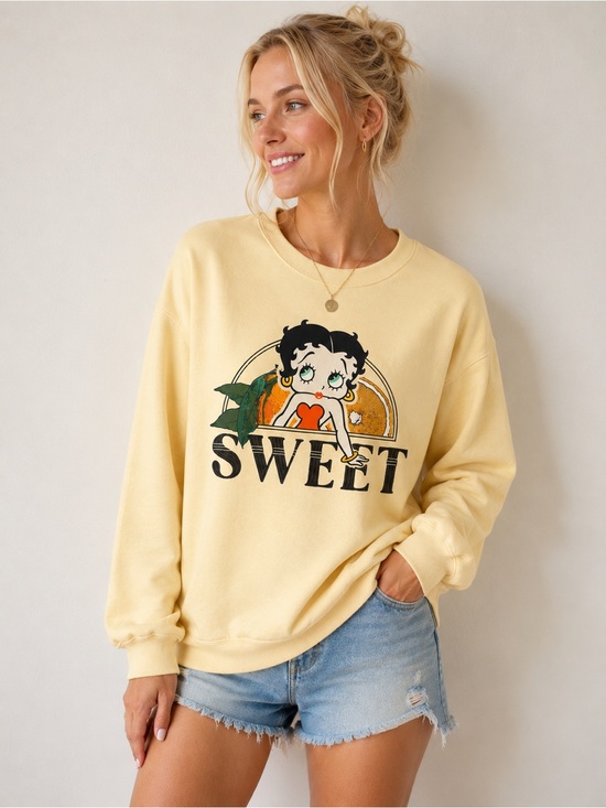 Fleischer Tops - Betty Boop Sweet Oranges Graphic Sweatshirt Embroidered & Screen Print Small